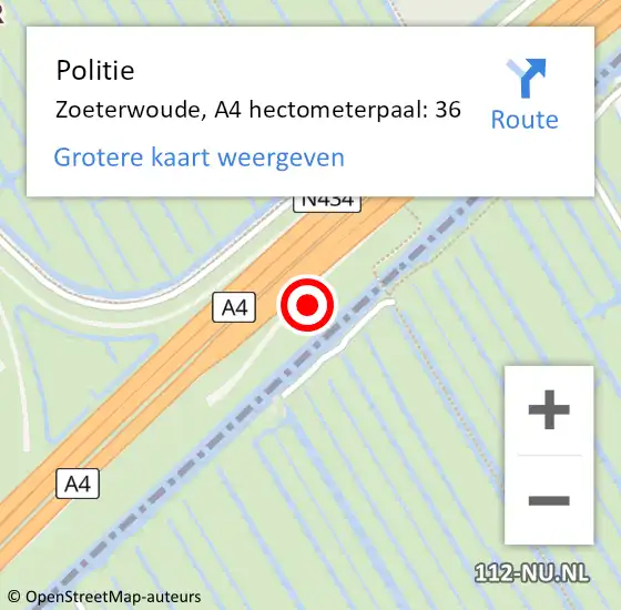 Locatie op kaart van de 112 melding: Politie Zoeterwoude, A4 hectometerpaal: 36 op 15 augustus 2022 18:26