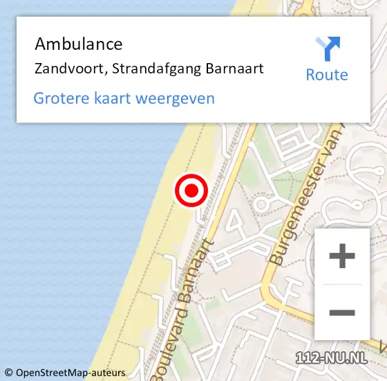 Locatie op kaart van de 112 melding: Ambulance Zandvoort, Strandafgang Barnaart op 15 augustus 2022 18:49
