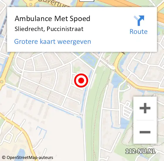 Locatie op kaart van de 112 melding: Ambulance Met Spoed Naar Sliedrecht, Puccinistraat op 15 augustus 2022 19:59