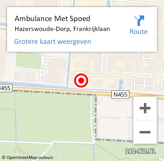 Locatie op kaart van de 112 melding: Ambulance Met Spoed Naar Hazerswoude-Dorp, Frankrijklaan op 15 augustus 2022 21:02