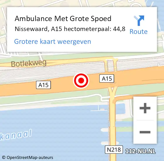 Locatie op kaart van de 112 melding: Ambulance Met Grote Spoed Naar Nissewaard, A15 hectometerpaal: 44,8 op 15 augustus 2022 21:22