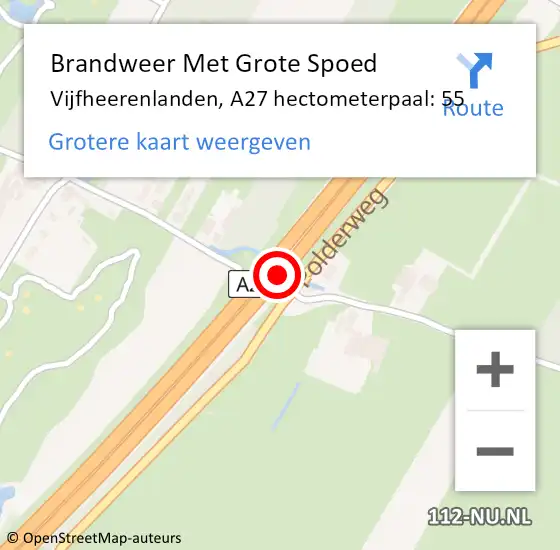 Locatie op kaart van de 112 melding: Brandweer Met Grote Spoed Naar Vijfheerenlanden, A27 hectometerpaal: 55 op 15 augustus 2022 23:13