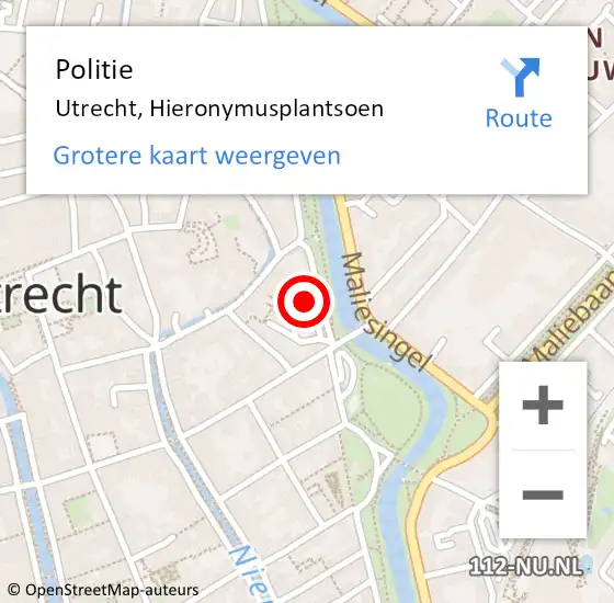 Locatie op kaart van de 112 melding: Politie Utrecht, Hieronymusplantsoen op 16 augustus 2022 04:29