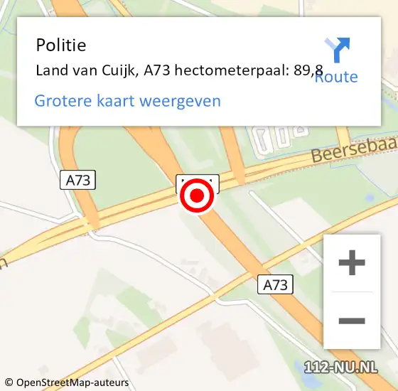 Locatie op kaart van de 112 melding: Politie Land van Cuijk, A73 hectometerpaal: 89,8 op 16 augustus 2022 08:29