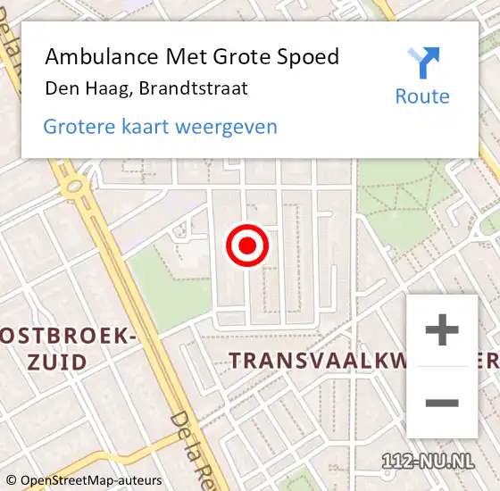 Locatie op kaart van de 112 melding: Ambulance Met Grote Spoed Naar Den Haag, Brandtstraat op 16 augustus 2022 09:38