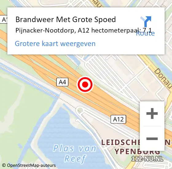Locatie op kaart van de 112 melding: Brandweer Met Grote Spoed Naar Pijnacker-Nootdorp, A12 hectometerpaal: 7,1 op 16 augustus 2022 11:06