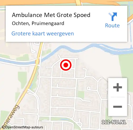 Locatie op kaart van de 112 melding: Ambulance Met Grote Spoed Naar Ochten, Pruimengaard op 16 augustus 2022 11:26