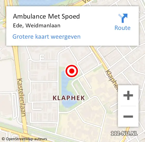 Locatie op kaart van de 112 melding: Ambulance Met Spoed Naar Ede, Weidmanlaan op 16 augustus 2022 14:19