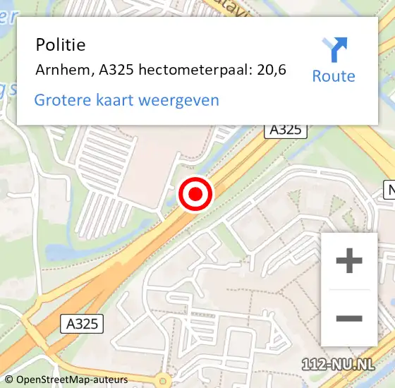 Locatie op kaart van de 112 melding: Politie Arnhem, A325 hectometerpaal: 20,6 op 16 augustus 2022 14:30
