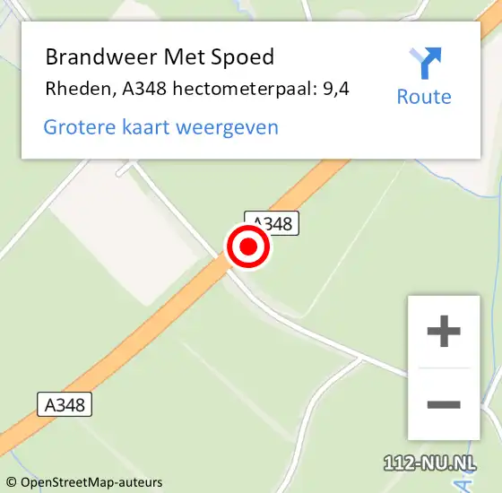 Locatie op kaart van de 112 melding: Brandweer Met Spoed Naar Rheden, A348 hectometerpaal: 9,4 op 16 augustus 2022 15:10