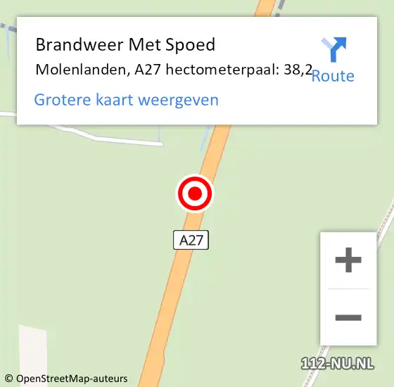 Locatie op kaart van de 112 melding: Brandweer Met Spoed Naar Molenlanden, A27 hectometerpaal: 38,2 op 16 augustus 2022 15:52