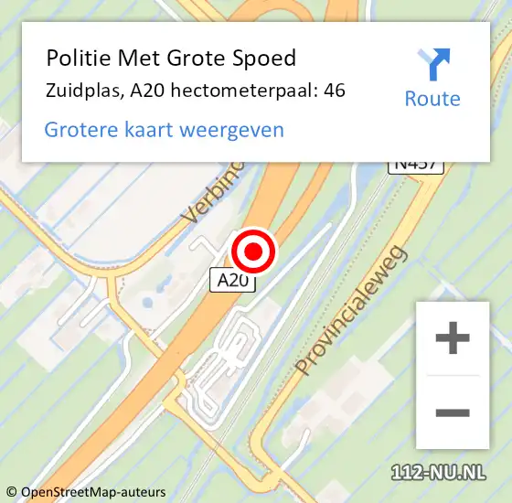 Locatie op kaart van de 112 melding: Politie Met Grote Spoed Naar Zuidplas, A20 hectometerpaal: 46 op 16 augustus 2022 16:48