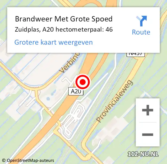 Locatie op kaart van de 112 melding: Brandweer Met Grote Spoed Naar Zuidplas, A20 hectometerpaal: 46 op 16 augustus 2022 16:49