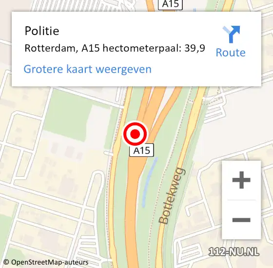 Locatie op kaart van de 112 melding: Politie Rotterdam, A15 hectometerpaal: 39,9 op 16 augustus 2022 17:49