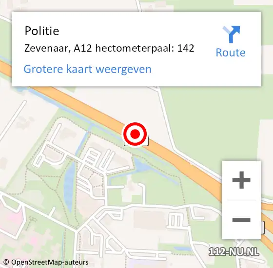 Locatie op kaart van de 112 melding: Politie Zevenaar, A12 hectometerpaal: 142 op 16 augustus 2022 18:31