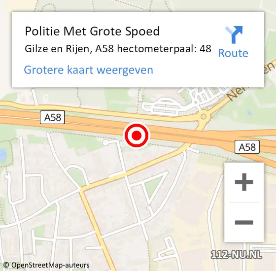 Locatie op kaart van de 112 melding: Politie Met Grote Spoed Naar Gilze en Rijen, A58 hectometerpaal: 48 op 16 augustus 2022 18:43