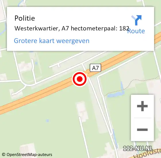 Locatie op kaart van de 112 melding: Politie Westerkwartier, A7 hectometerpaal: 182 op 16 augustus 2022 20:01