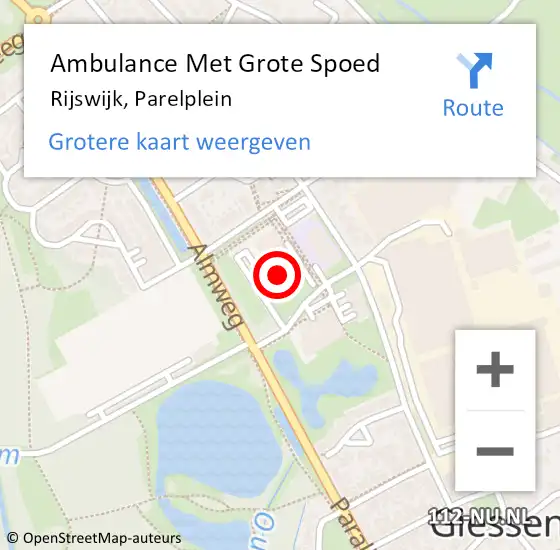 Locatie op kaart van de 112 melding: Ambulance Met Grote Spoed Naar Rijswijk, Parelplein op 16 augustus 2022 20:23