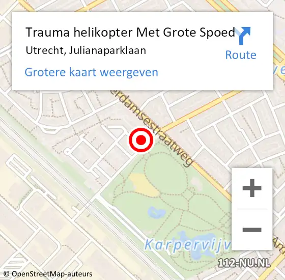 Locatie op kaart van de 112 melding: Trauma helikopter Met Grote Spoed Naar Utrecht, Julianaparklaan op 16 augustus 2022 20:58