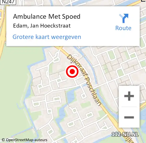 Locatie op kaart van de 112 melding: Ambulance Met Spoed Naar Edam, Jan Hoeckstraat op 16 augustus 2022 21:35