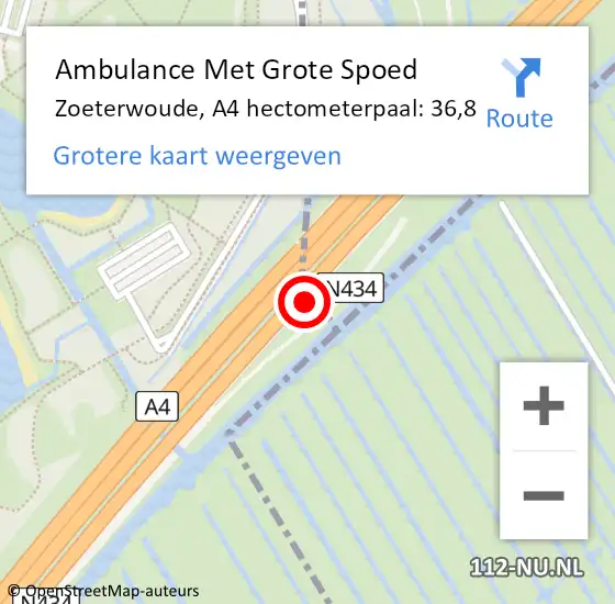 Locatie op kaart van de 112 melding: Ambulance Met Grote Spoed Naar Zoeterwoude, A4 hectometerpaal: 36,8 op 16 augustus 2022 21:53