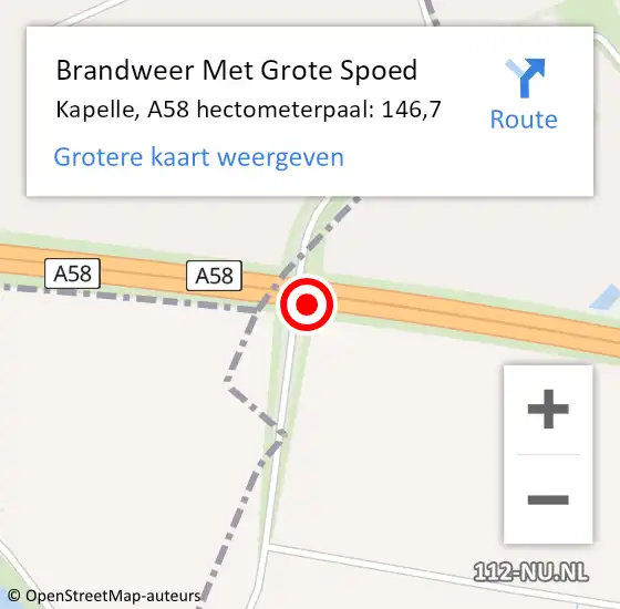 Locatie op kaart van de 112 melding: Brandweer Met Grote Spoed Naar Kapelle, A58 hectometerpaal: 146,7 op 16 augustus 2022 23:49