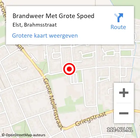 Locatie op kaart van de 112 melding: Brandweer Met Grote Spoed Naar Elst, Brahmsstraat op 16 augustus 2022 23:56