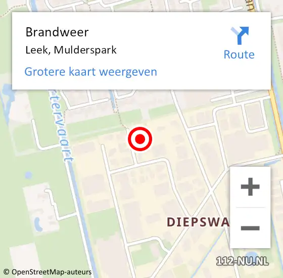 Locatie op kaart van de 112 melding: Brandweer Leek, Mulderspark op 17 augustus 2022 04:52