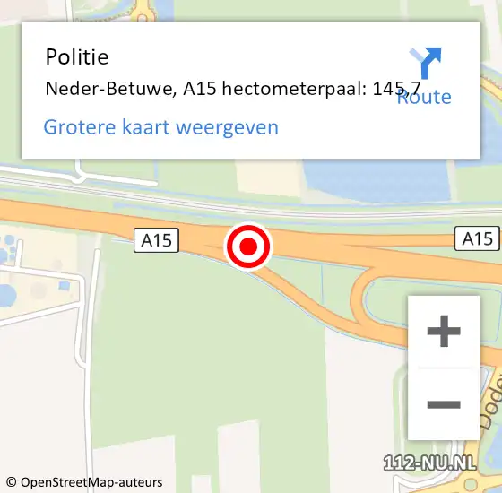 Locatie op kaart van de 112 melding: Politie Neder-Betuwe, A15 hectometerpaal: 145,7 op 17 augustus 2022 07:37