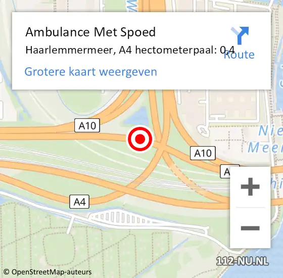 Locatie op kaart van de 112 melding: Ambulance Met Spoed Naar Haarlemmermeer, A4 hectometerpaal: 0,4 op 17 augustus 2022 08:37