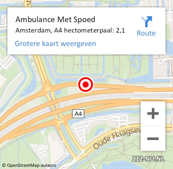 Locatie op kaart van de 112 melding: Ambulance Met Spoed Naar Amsterdam, A4 hectometerpaal: 2,1 op 17 augustus 2022 09:37