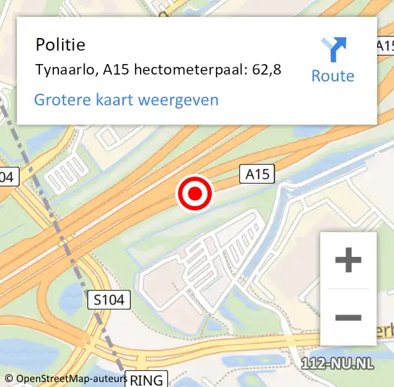 Locatie op kaart van de 112 melding: Politie Tynaarlo, A15 hectometerpaal: 62,8 op 17 augustus 2022 10:06