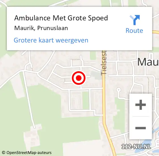 Locatie op kaart van de 112 melding: Ambulance Met Grote Spoed Naar Maurik, Prunuslaan op 17 augustus 2022 11:54