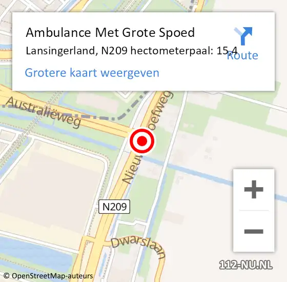 Locatie op kaart van de 112 melding: Ambulance Met Grote Spoed Naar Lansingerland, N209 hectometerpaal: 15,4 op 17 augustus 2022 14:06
