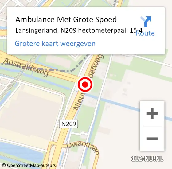 Locatie op kaart van de 112 melding: Ambulance Met Grote Spoed Naar Lansingerland, N209 hectometerpaal: 15,4 op 17 augustus 2022 14:11