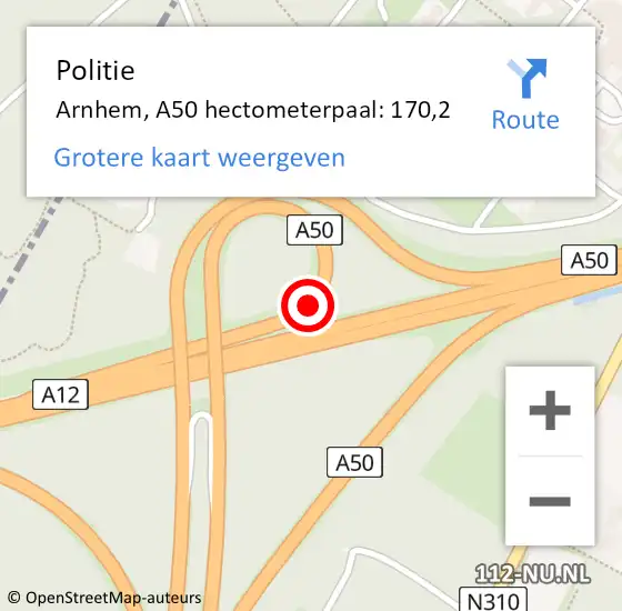 Locatie op kaart van de 112 melding: Politie Arnhem, A50 hectometerpaal: 170,2 op 17 augustus 2022 15:44