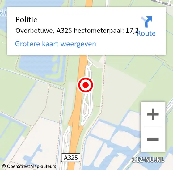 Locatie op kaart van de 112 melding: Politie Overbetuwe, A325 hectometerpaal: 17,2 op 17 augustus 2022 15:58