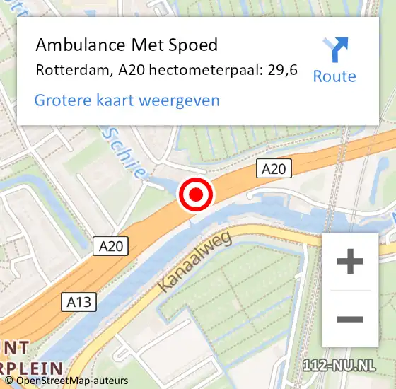 Locatie op kaart van de 112 melding: Ambulance Met Spoed Naar Rotterdam, A20 hectometerpaal: 29,6 op 17 augustus 2022 16:11