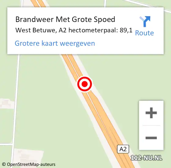 Locatie op kaart van de 112 melding: Brandweer Met Grote Spoed Naar West Betuwe, A2 hectometerpaal: 89,1 op 17 augustus 2022 16:11