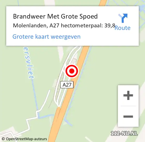 Locatie op kaart van de 112 melding: Brandweer Met Grote Spoed Naar Molenlanden, A27 hectometerpaal: 39,8 op 17 augustus 2022 17:14