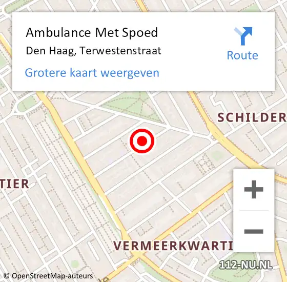 Locatie op kaart van de 112 melding: Ambulance Met Spoed Naar Den Haag, Terwestenstraat op 17 augustus 2022 17:24