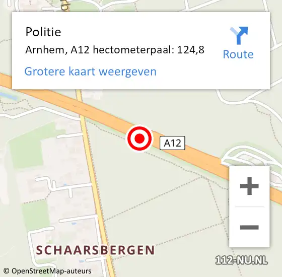 Locatie op kaart van de 112 melding: Politie Arnhem, A12 hectometerpaal: 124,8 op 17 augustus 2022 17:33