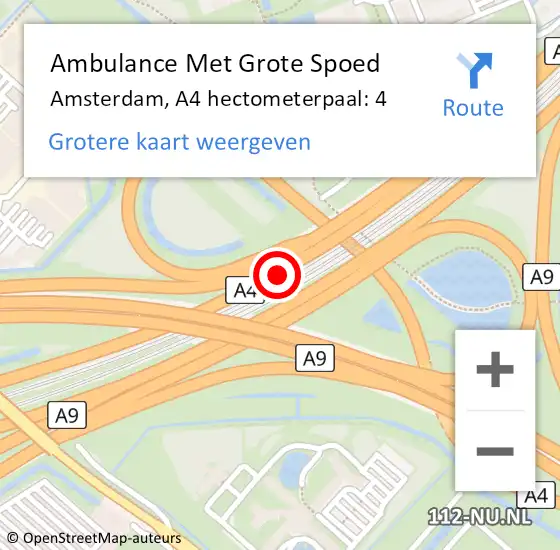 Locatie op kaart van de 112 melding: Ambulance Met Grote Spoed Naar Amsterdam, A4 hectometerpaal: 4 op 17 augustus 2022 18:07