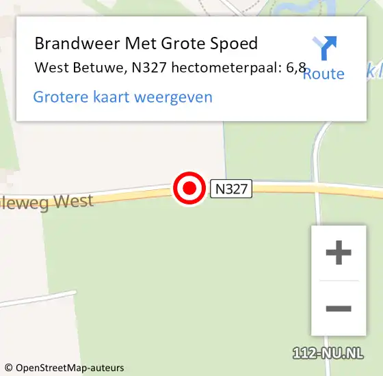 Locatie op kaart van de 112 melding: Brandweer Met Grote Spoed Naar West Betuwe, N327 hectometerpaal: 6,8 op 17 augustus 2022 20:39