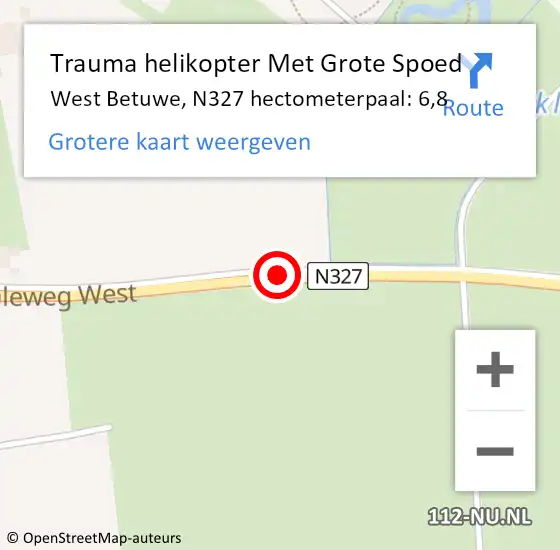 Locatie op kaart van de 112 melding: Trauma helikopter Met Grote Spoed Naar West Betuwe, N327 hectometerpaal: 6,8 op 17 augustus 2022 20:40
