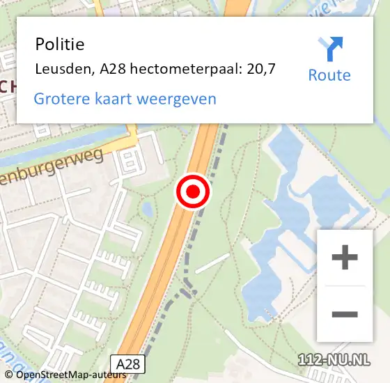 Locatie op kaart van de 112 melding: Politie Leusden, A28 hectometerpaal: 20,7 op 17 augustus 2022 22:41