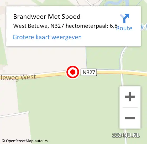 Locatie op kaart van de 112 melding: Brandweer Met Spoed Naar West Betuwe, N327 hectometerpaal: 6,8 op 17 augustus 2022 23:07
