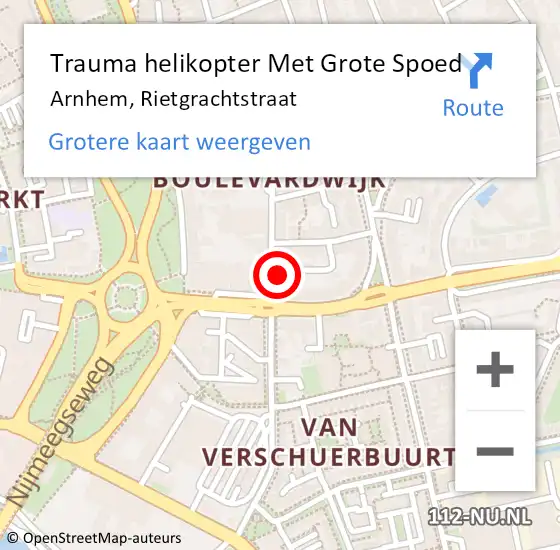 Locatie op kaart van de 112 melding: Trauma helikopter Met Grote Spoed Naar Arnhem, Rietgrachtstraat op 17 augustus 2022 23:19