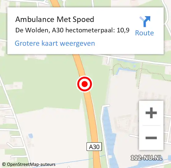 Locatie op kaart van de 112 melding: Ambulance Met Spoed Naar De Wolden, A30 hectometerpaal: 10,9 op 18 augustus 2022 01:17