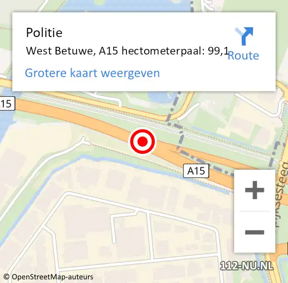 Locatie op kaart van de 112 melding: Politie West Betuwe, A15 hectometerpaal: 99,1 op 18 augustus 2022 06:32